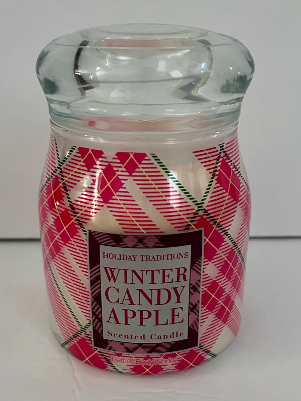 Bath & Body Works Winter Candy Apple Red, Cream and Green Plaid Jar Candle